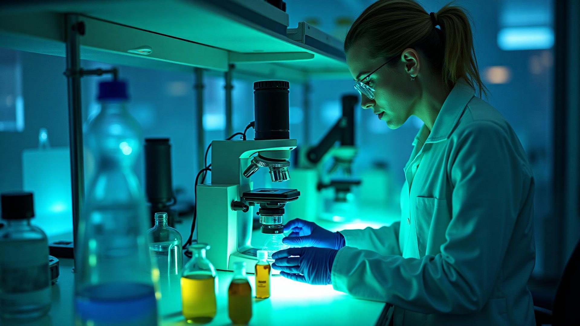 A scientist examines a specimen with a microscope in a modern laboratory.