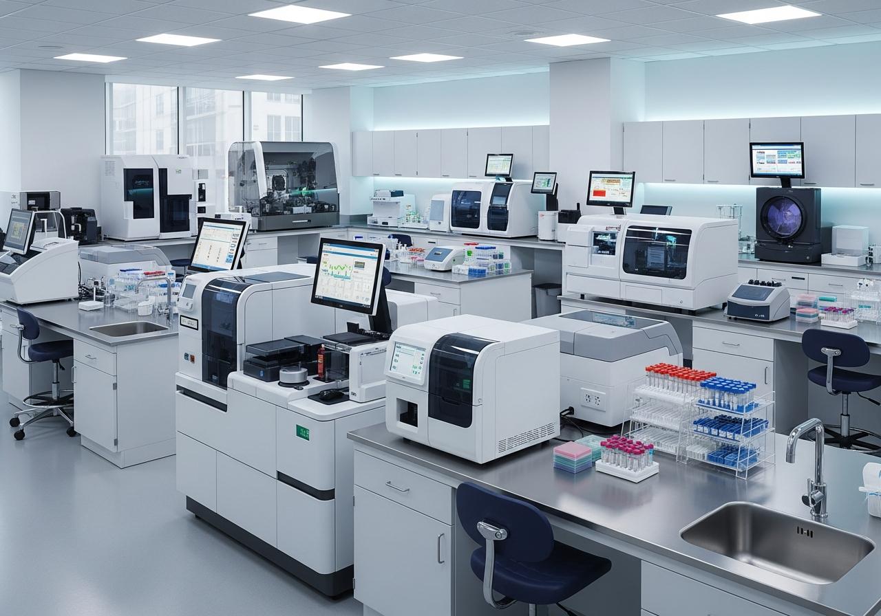 A modern clinical laboratory workspace with diagnostic equipment